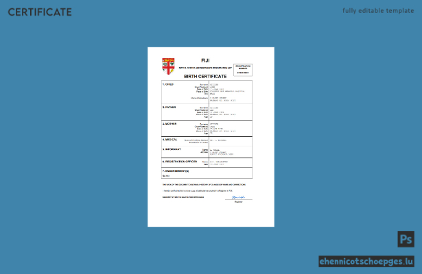 Fidschi-Geburtsurkunde: Beispielvorschau in Word und PDF